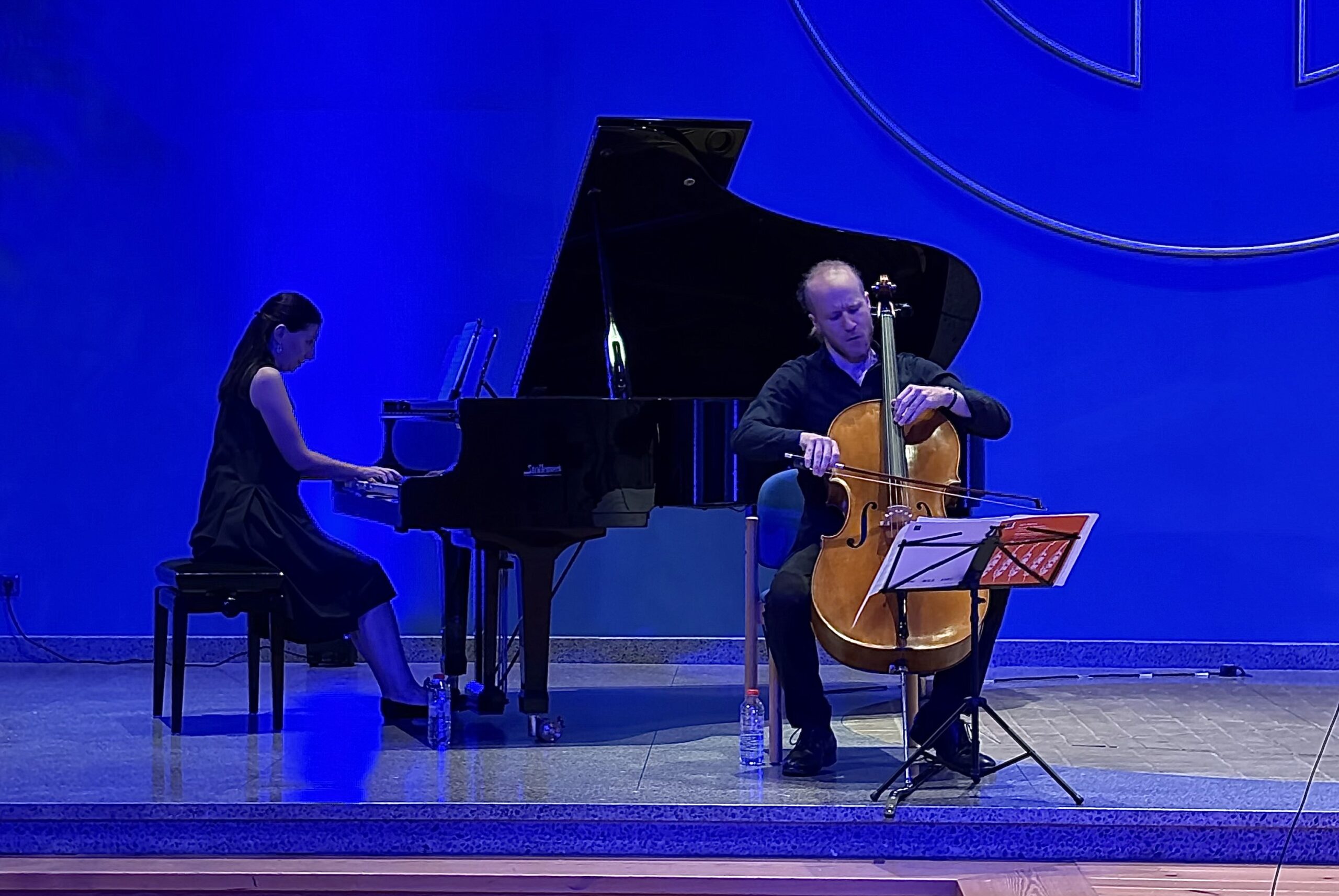 A concert with a grand piano on stage.
