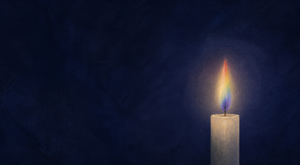 A candle with a rainbow-coloured flame against a dark blue background