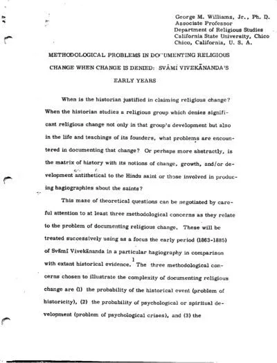 Cover for Methodological Problems in Documenting Religious Change When Change is Denied: Svāmi Vivekānanda's Early Years