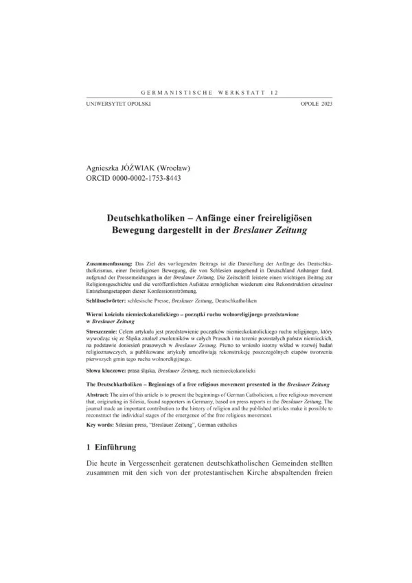 Cover for Deutschkatholiken – Anfänge einer freireligiösen Bewegung dargestellt in der Breslauer Zeitung