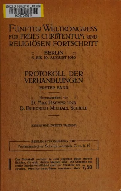 Cover for Fünfter Weltkongress für Freies Christentum und Religiösen Fortschritt: Protokoll der Verhandlungen, Erster Band