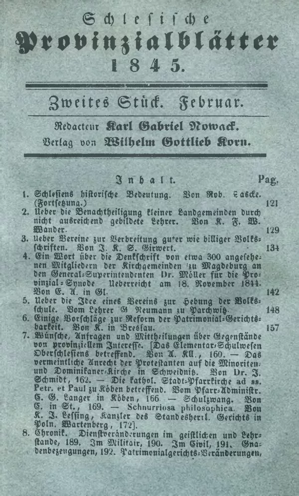 Cover for Schlesische Provinzialblätter — Volume 121, February 1845