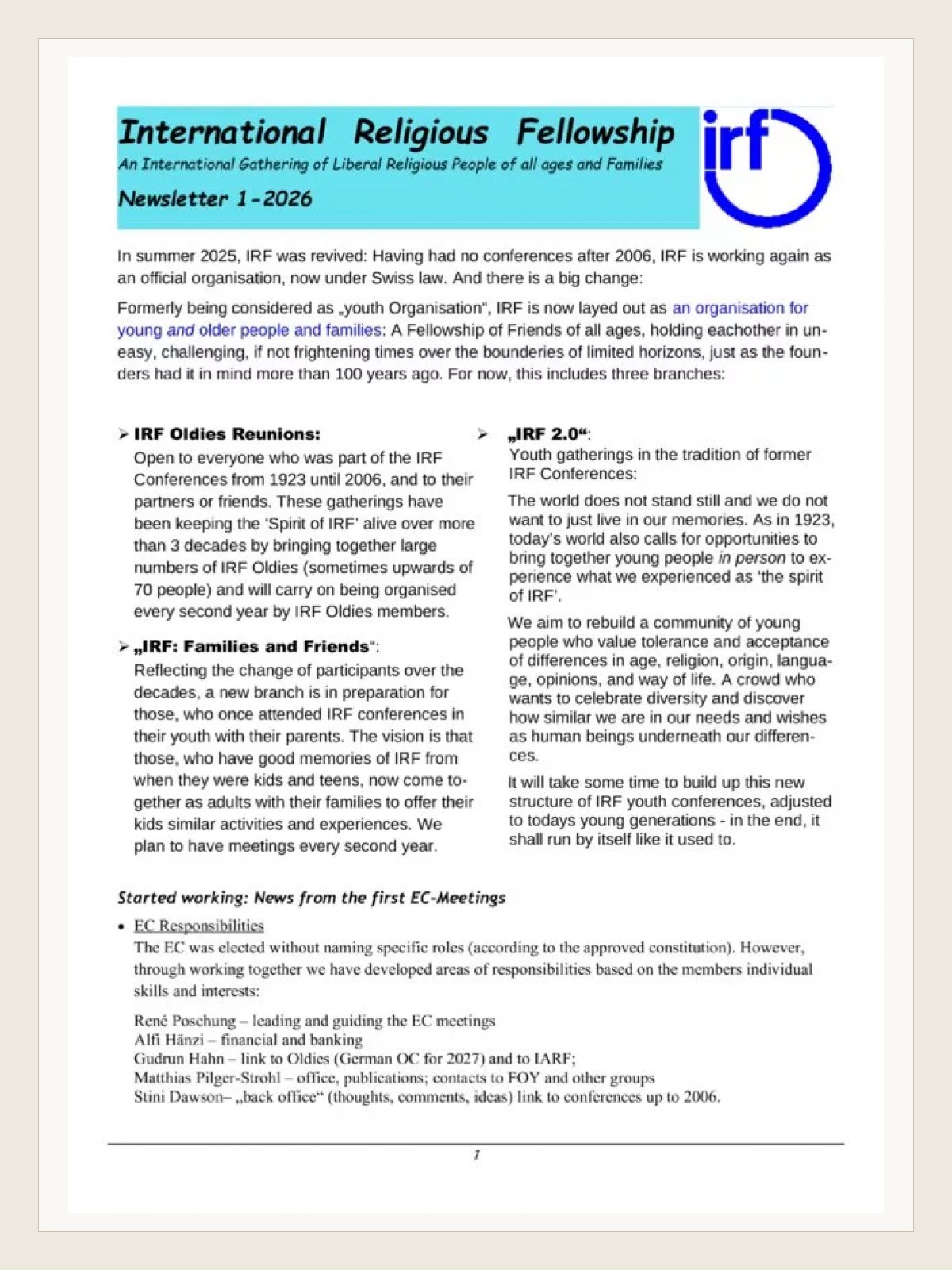 Cover for IRF Newsletter